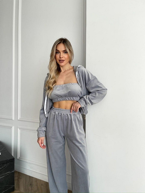 Стильний жіночий теплий велюровий костюм Сірий, 42/44 Одеса - фото 1