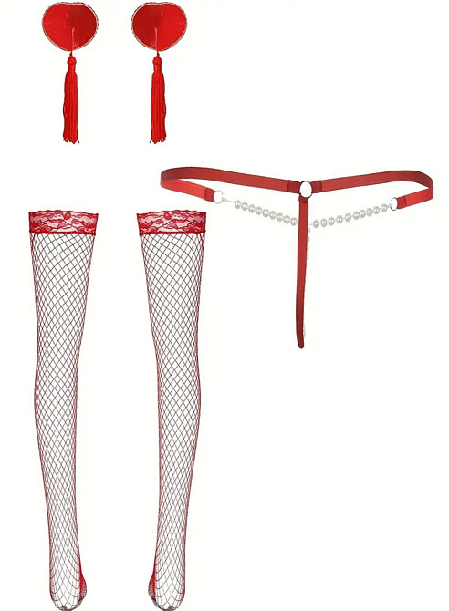 Эротический комплект нижнего белья чулки стикини маска трусы one size красный Киев - изображение 2