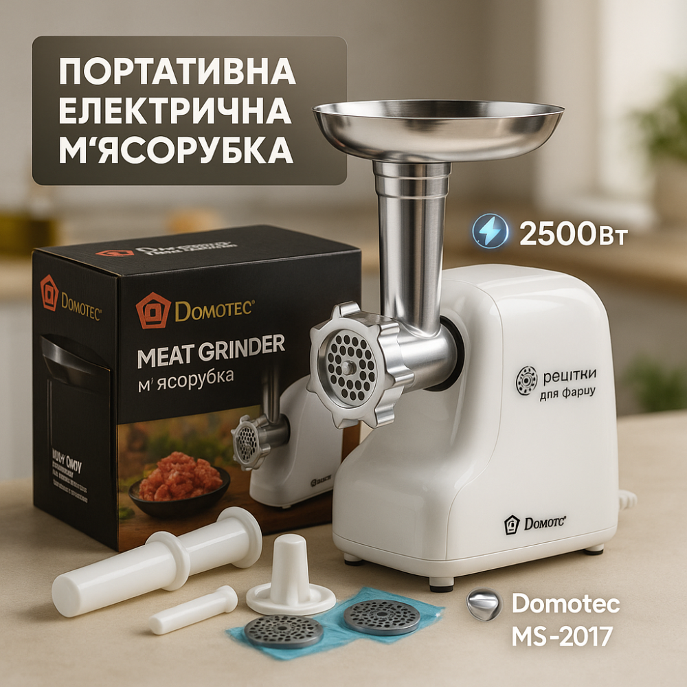 Потужна м'ясорубка з насадками для ковбас Domotec MS-2017 2500Вт, М'ясорубка для сосисок KT-70 Львів - фото 16