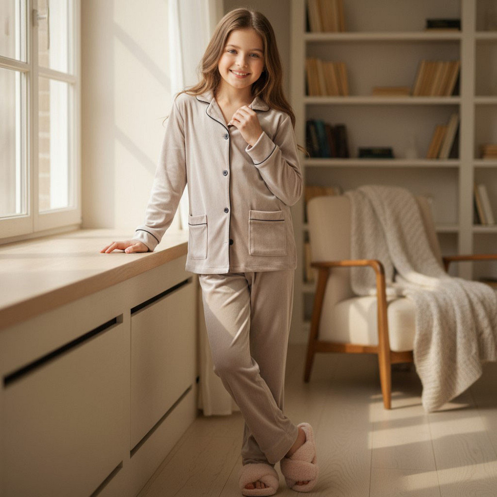 Детская велюровая теплая пижама два кармана Бежевый ч/к 146-152 Харьков - изображение 1