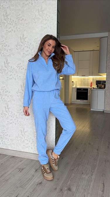 Женский прогулочный спортивный костюм двойка: кофта и штаны микровельвет Голубой, 46/48 Одесса - изображение 1