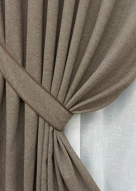 Комплект штор VR-Textil лен премиум ELEMENTA 200х270 2шт и Тюль 500х270 1864ш-115т серо-коричневый с белым 71-070/6 Киев - изображение 4