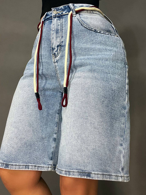 Шорты женские джинсовые Liana 4-011 бермуды широкие длина до колен пояс веревка стрейчевые голубые,  Одесса - изображение 5