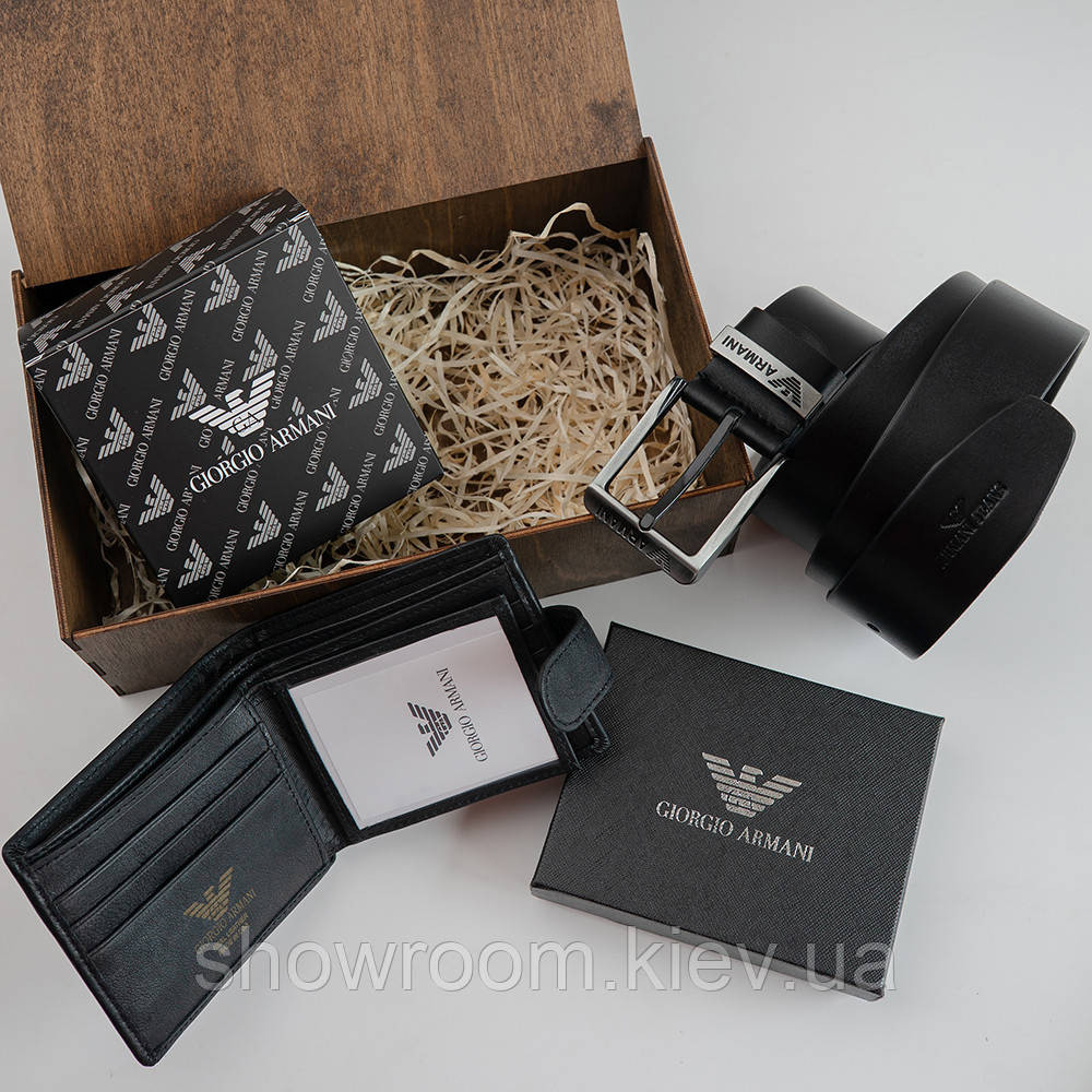 Чоловічий подарунковий набір гаманець і ремінь в дерев'яний ящик Armani (303) Київ - фото 6