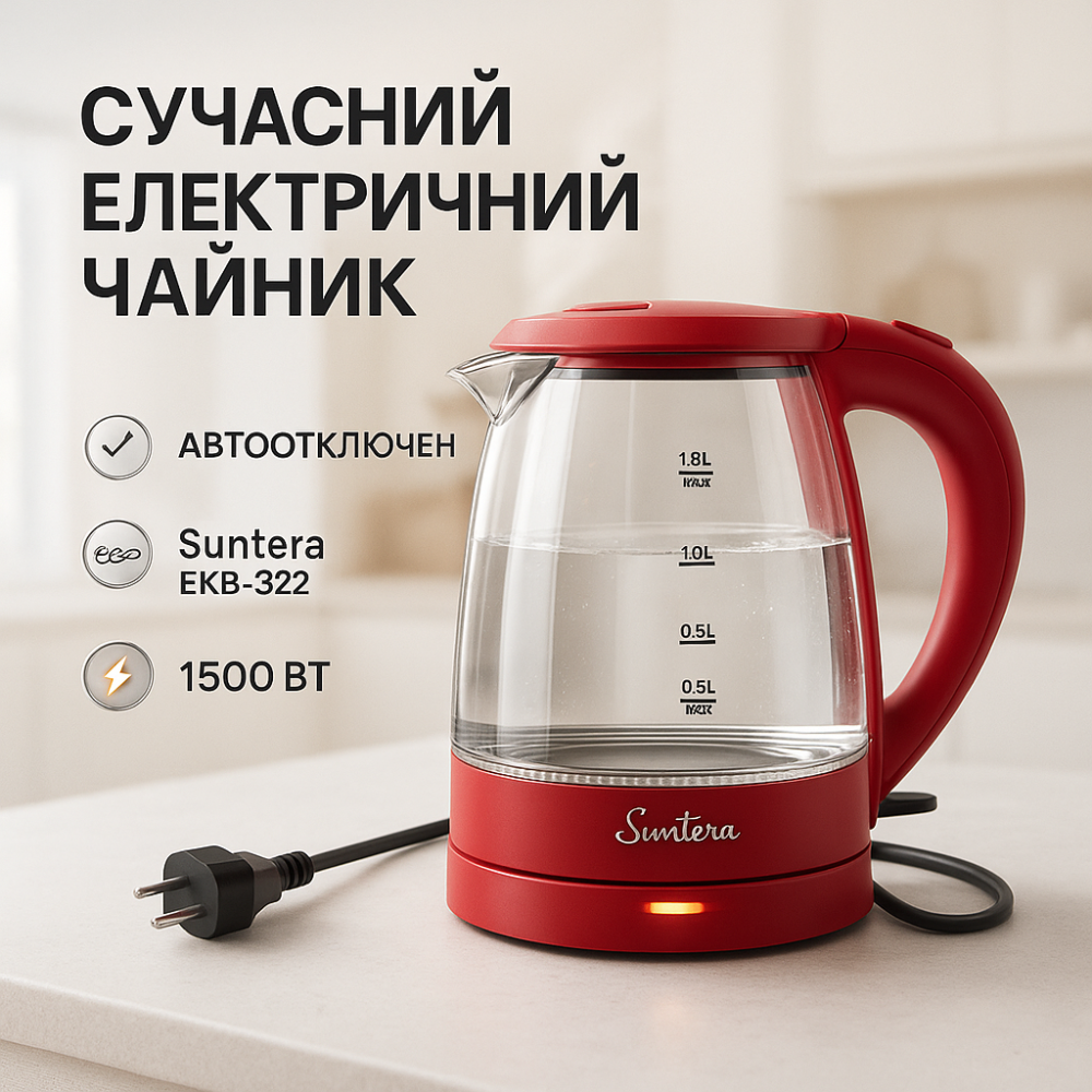 Електричний чайник із сучасним дизайном Suntera EKB-322R 1500 Вт, Чайник електро з підсвічуванням води VZ-17 Львів - фото 9