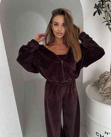 Жіночий плюшевий костюм-трійка: кофта топ і штани з велюру Шоколад, 42/44 Одеса