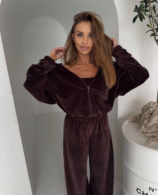 Жіночий плюшевий костюм-трійка: кофта топ і штани з велюру Шоколад, 42/44 Одеса - фото 2