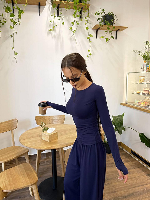 Женский базовый прогулочный костюм двойка: лонгслив и штаны турецкая вискоза. Синий, 48/50 Одесса - изображение 2