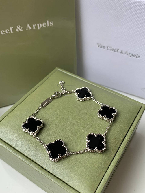 Браслет цепочка Ван Клиф 5 элементов - черный клевер, покрытие серебро, белое золото AU 750 Одесса - изображение 1