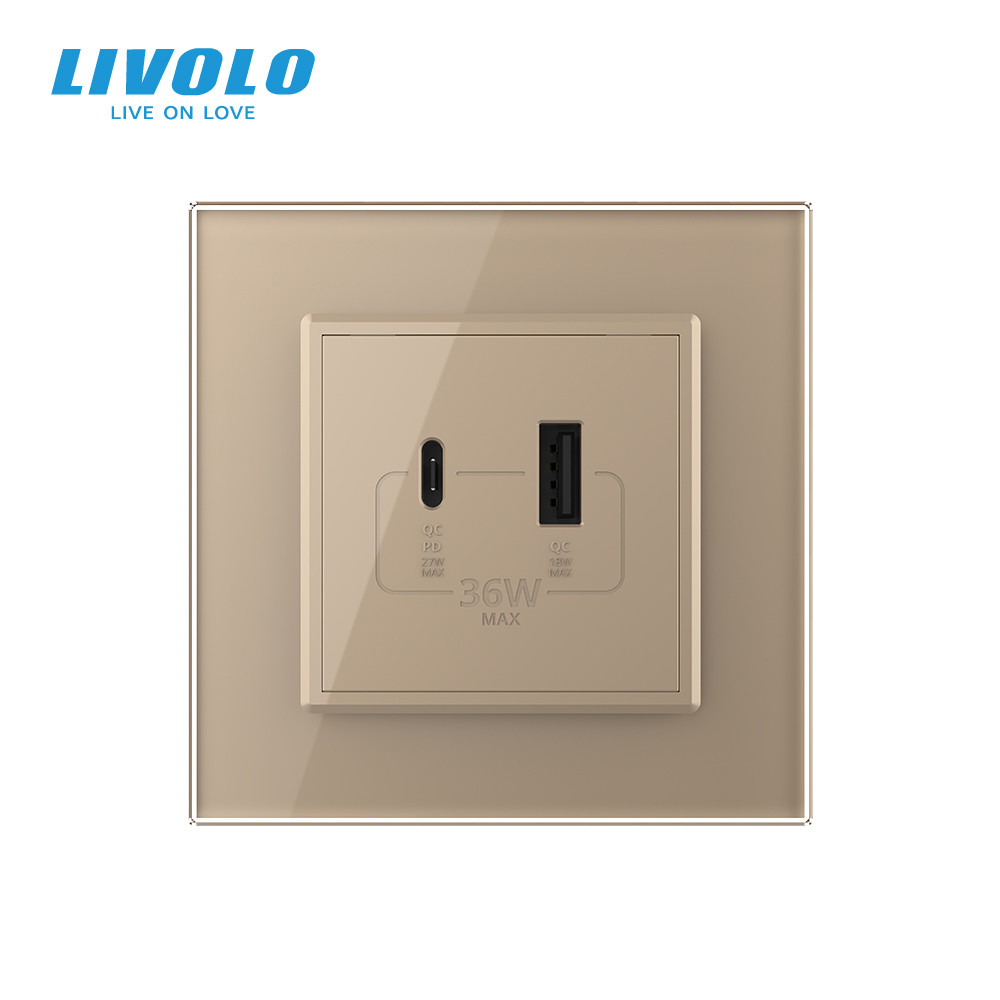 LIVOLO Розетка USB-A та USB-C з Power Delivery 36W Livolo золотий скло (VL-C7FCUA18W.UC18W-2AP) Коломия - фото 9