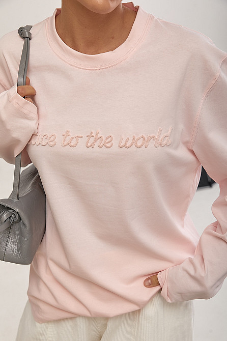 Свободный лонгслив с надписями, розовый, ONE SIZE, хлопковый трикотажный демисезон Лубны - изображение 4