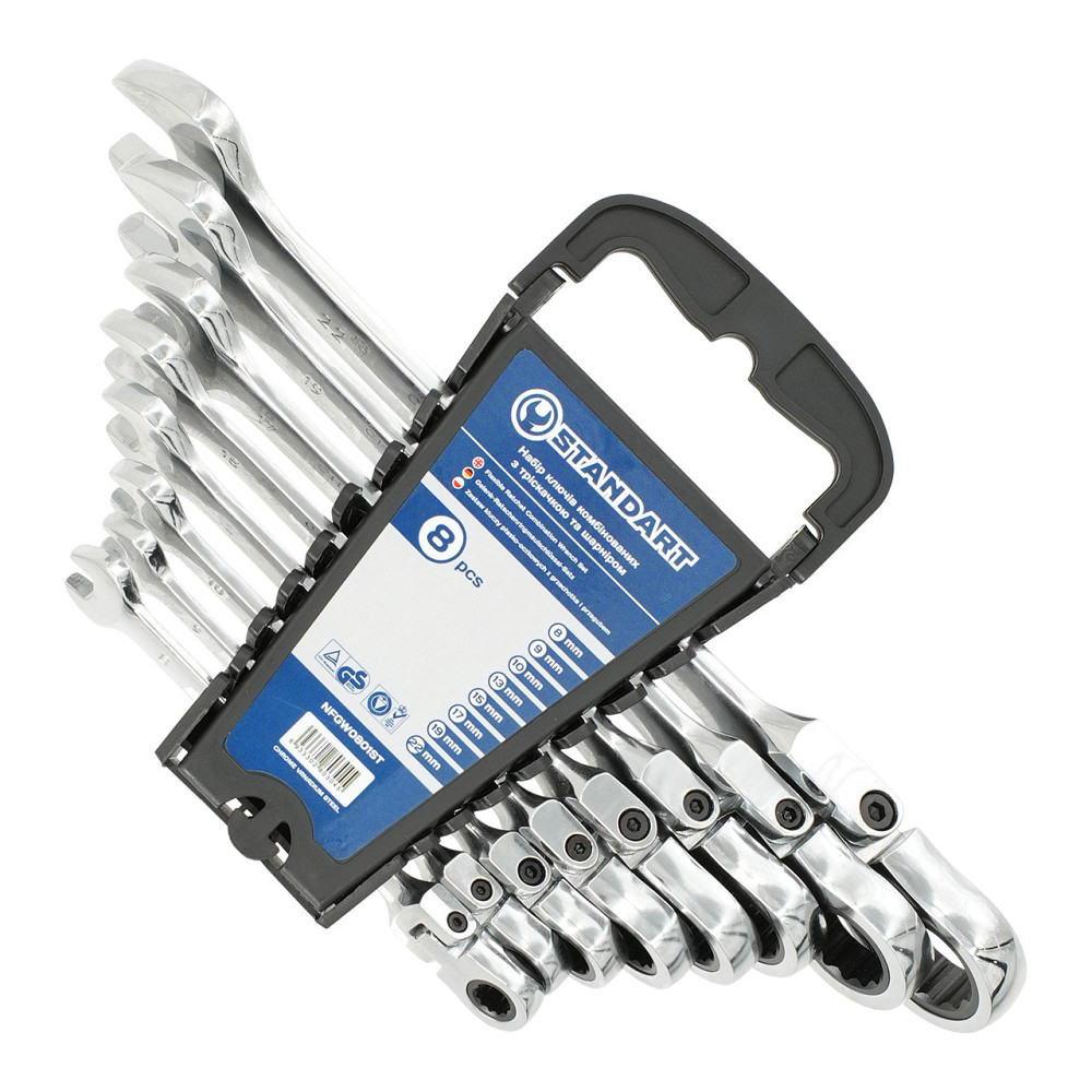 Набір ключів комбінованих із тріскачкою та шарніром 8-10,13, 15, 17, 19, 22 мм 8 од. на холдері СТАНДАРТ NFGW0801ST Чернігів - фото 1