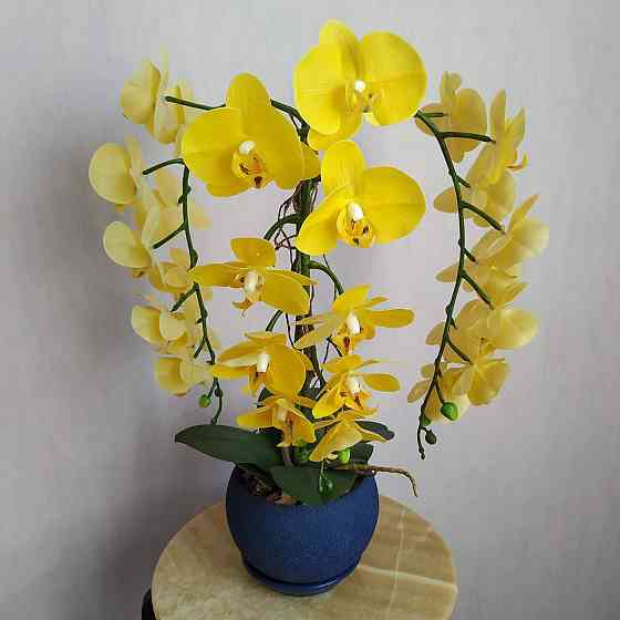 Штучна латексна орхідея VIP в синьому керамічному кашпо на три гілки жовта Дніпро