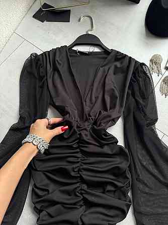 Женское драпированное черное мини платье микродайвинг + сетка Одесса