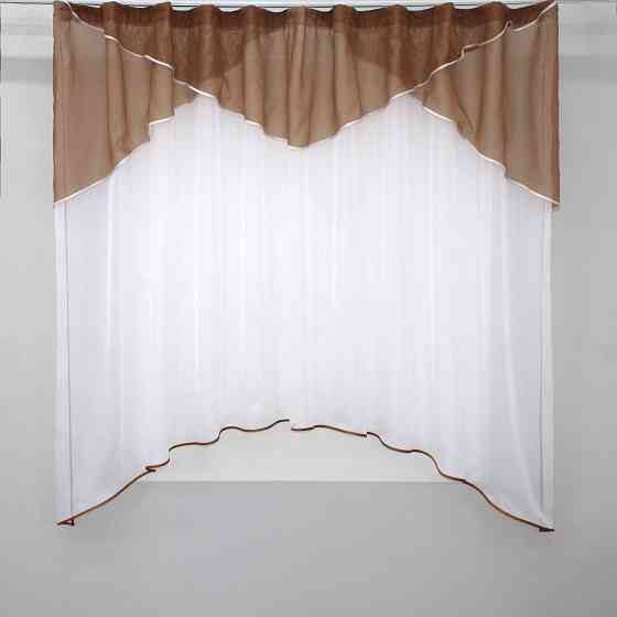 Кухонная тюль арка с ламбрекеном VR-Textil № 025к белый с коричневым 280х170 см (52-0559) Киев