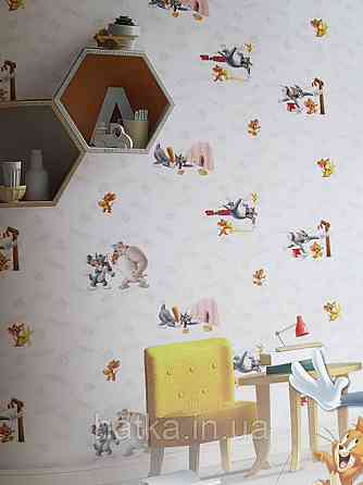 Шпалери вінілові на флізеліні AdaWall Ada Kids метрові дитячі Том і Джеррі сюжети написи на білому Київ