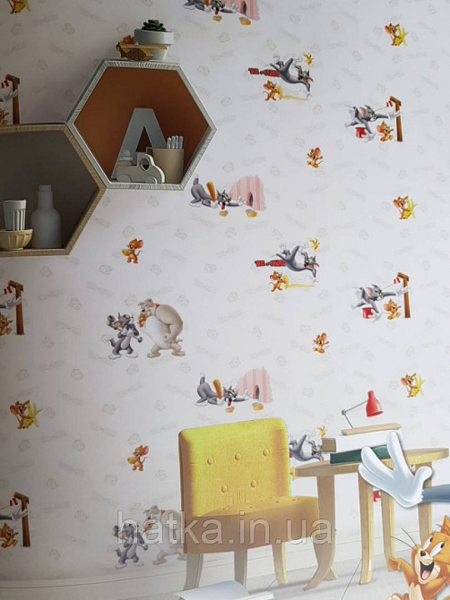 Шпалери вінілові на флізеліні AdaWall Ada Kids метрові дитячі Том і Джеррі сюжети написи на білому Київ - фото 1