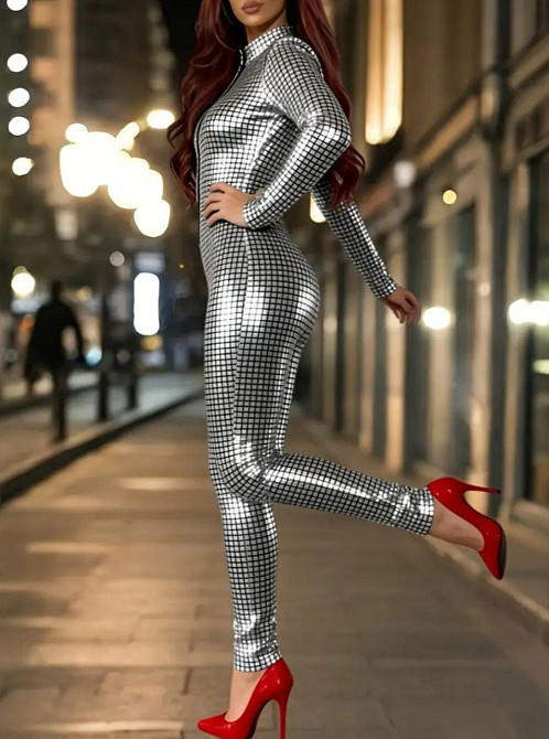 Комбінезон жіночий облягаючий блискучий з геометричним принтом та довгим рукавом для вечірки Київ - фото 3