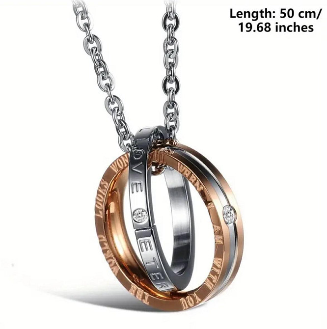 Подвійна підвіска з кільцями LOVE зі сталі – срібло та рожеве золото Київ - фото 4