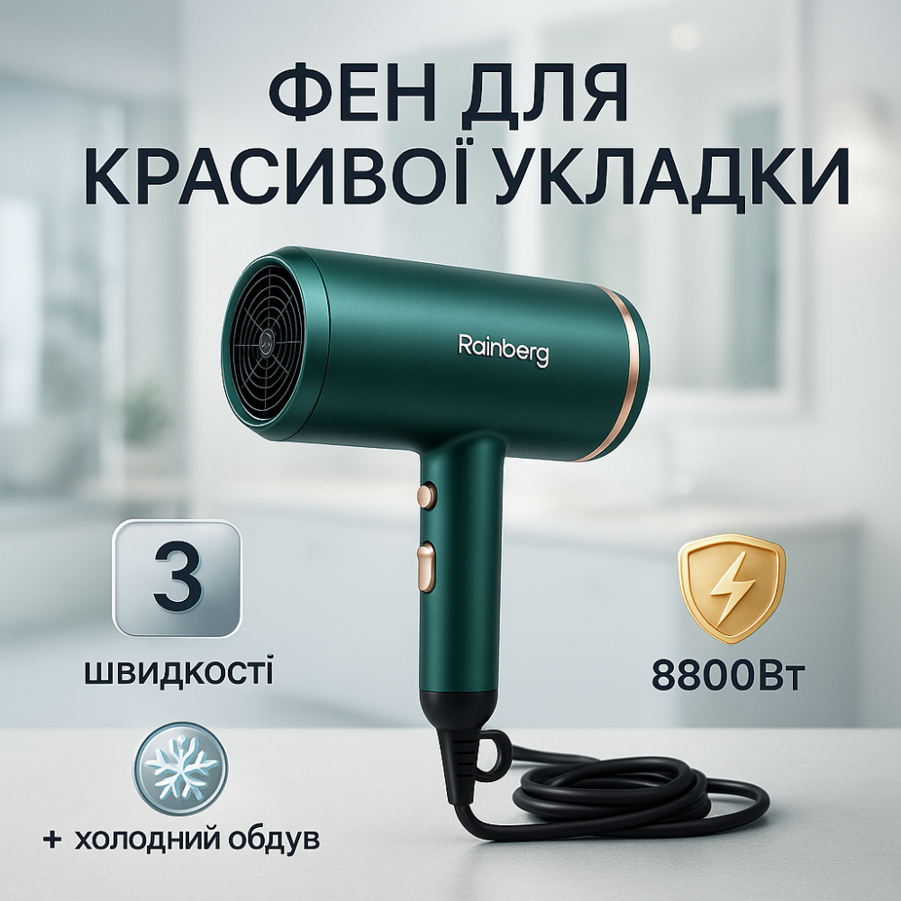 Фен без шкоди для волосся Rainberg, Малошумний фен для укладання волосся укладання зачіски WE-71 Львів - фото 17