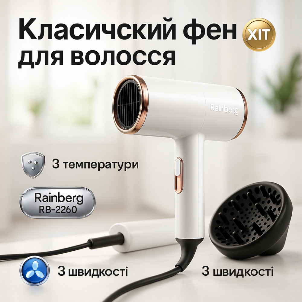 Хороший фен для волос Rainberg, Профессиональный фен для объема Фен-стайлер сушки волос QW-62 Львов - изображение 13