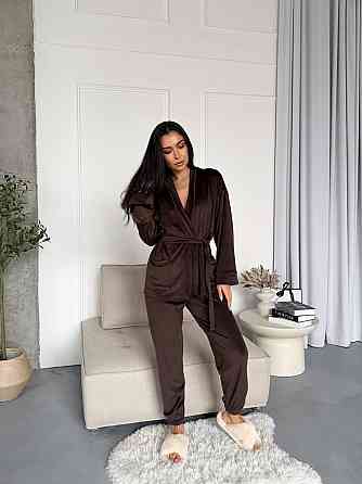 Женский стильный домашний велюровый комплект тройка Шоколад Одесса