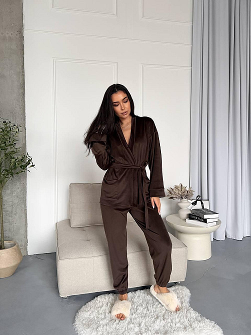 Женский стильный домашний велюровый комплект тройка Шоколад Одесса - изображение 6