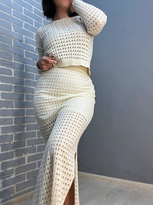 Костюм жіночий MINTAS 4204-2414 прозорий сітка ажурна в'язка реглан зі спідницею розрізи по боках one size, молочний, one size Київ - фото 18