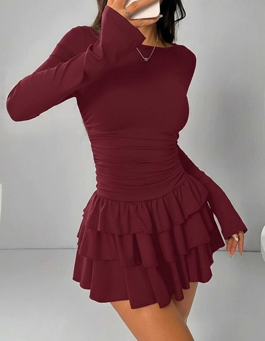 Женское базовое мини платье с пышной юбочкой вискоза. Бордо Одесса - изображение 4