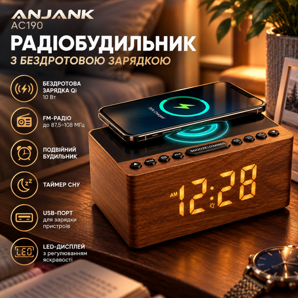 Радіобудильник ANJANK AC190 з FM-радіо, бездротовою зарядкою Qi 10 Вт, USB, LED-дисплеєм і таймером сну Київ - фото 1