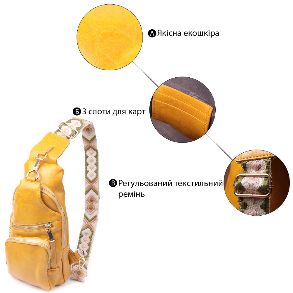 Яскрава жіноча слінг сумка через плече з екошкіри Vintage 22753 Жовтий Київ - фото 4