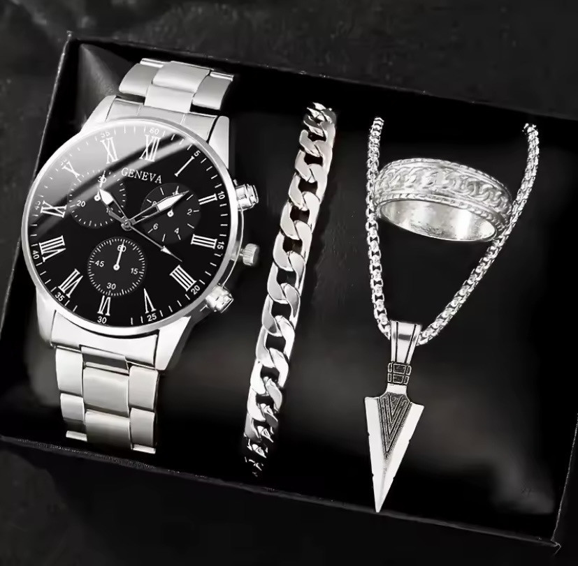 Подарочный набор для мужчин наручные часы с браслетом кулоном и кольцом серебристый Киев - изображение 1