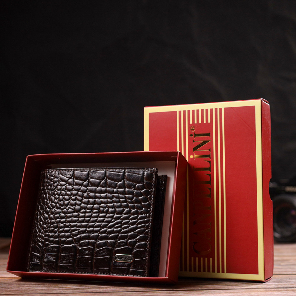 Вместительное мужское портмоне из натуральной кожи с тиснением под крокодила CANPELLINI 21870 Коричневый Киев - изображение 10