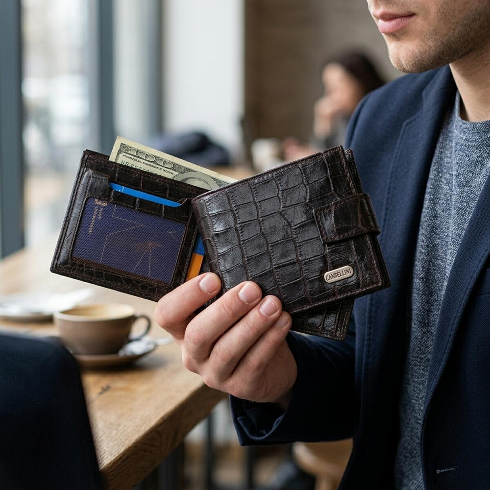 Фактурный небольшой мужской бумажник из натуральной кожи с тиснением под крокодила CANPELLINI 21747 Черный Киев - изображение 12