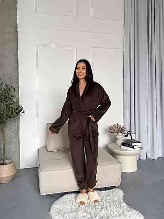 Женский стильный домашний велюровый комплект тройка Шоколад Одесса