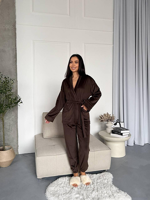 Женский стильный домашний велюровый комплект тройка Шоколад Одесса - изображение 3