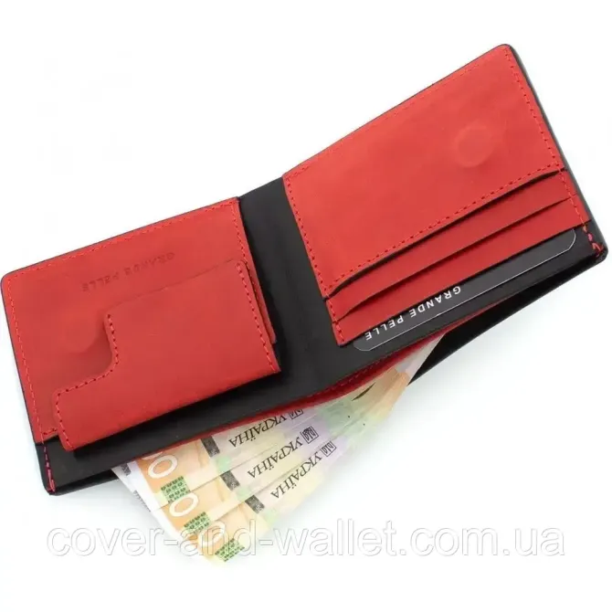 Стильный мужской кошелек из винтажной кожи на магнитной застежке Grande Pelle 50511060 чёрный с красным Киев - изображение 1