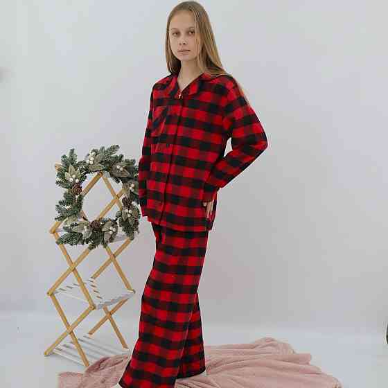 Байкова тепла дитяча піжама в чорно-червону карту сорочка + штани 146 Кам'янець-Подільський