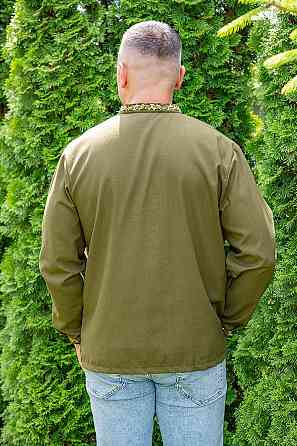 Вишиванка лляна чоловіча, хакі, з довгим рукавом, лен Київ