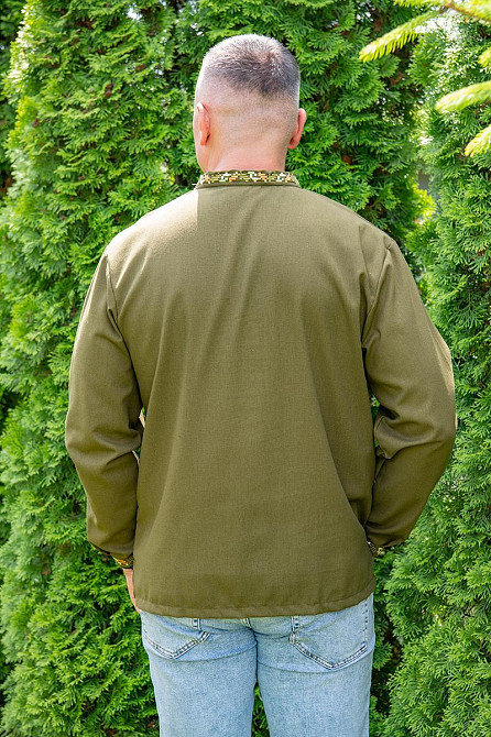 Вишиванка лляна чоловіча, хакі, з довгим рукавом, лен Київ - фото 2
