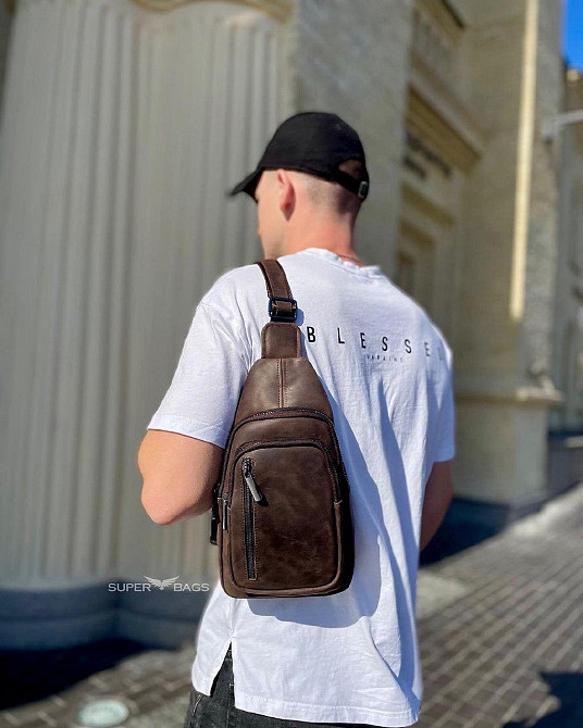 Мужской слинг из кожи 17х30х6, крейзи хорс для телефона 6349 коричневый Каменское - изображение 3