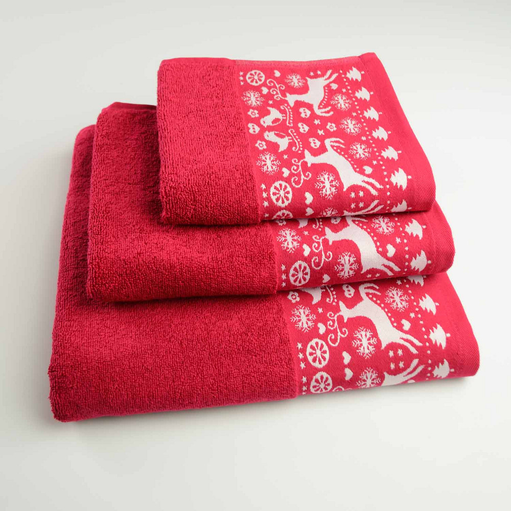 Комплект махровых полотенец Новогодние Merry Christmas Олени 3шт GM Textile 40х70см, 50х90см, 70х140см 500г/м2 (Красный) Сумы - изображение 1