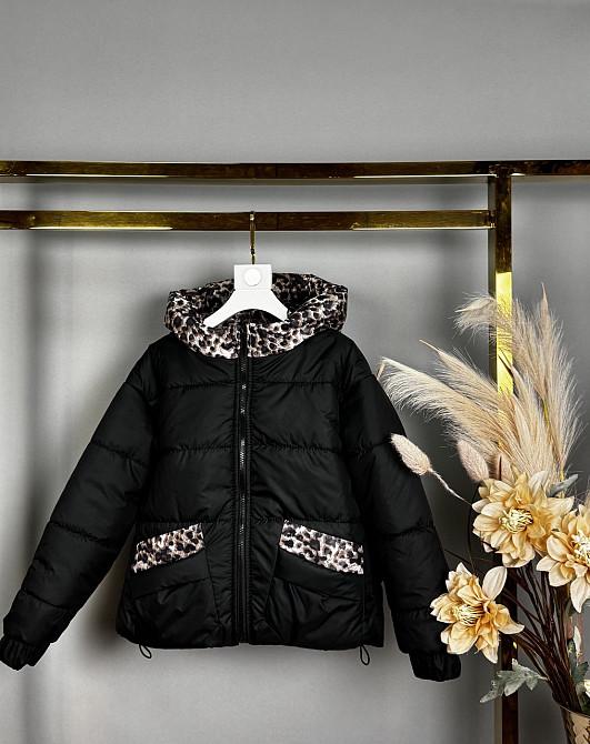 Демисезонная куртка для девочек черная с вставками леопард 140 Николаев - изображение 2