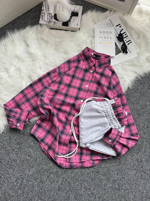 Женский повседневный костюм двойка: рубашка в клетку и штаны фланель + двунитка. Розовый 2, 48/52 Одесса - изображение 7