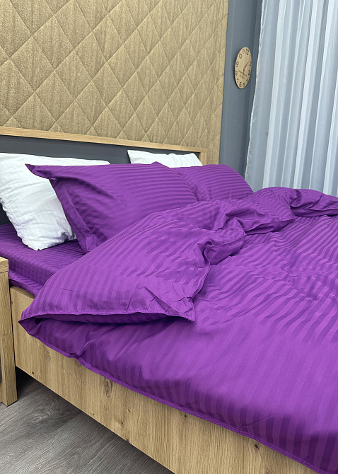 Комплект постельного белья Страйп-сатин Евро 200х230 с простыней на резинке Фуксия (88-093) Киев - изображение 5