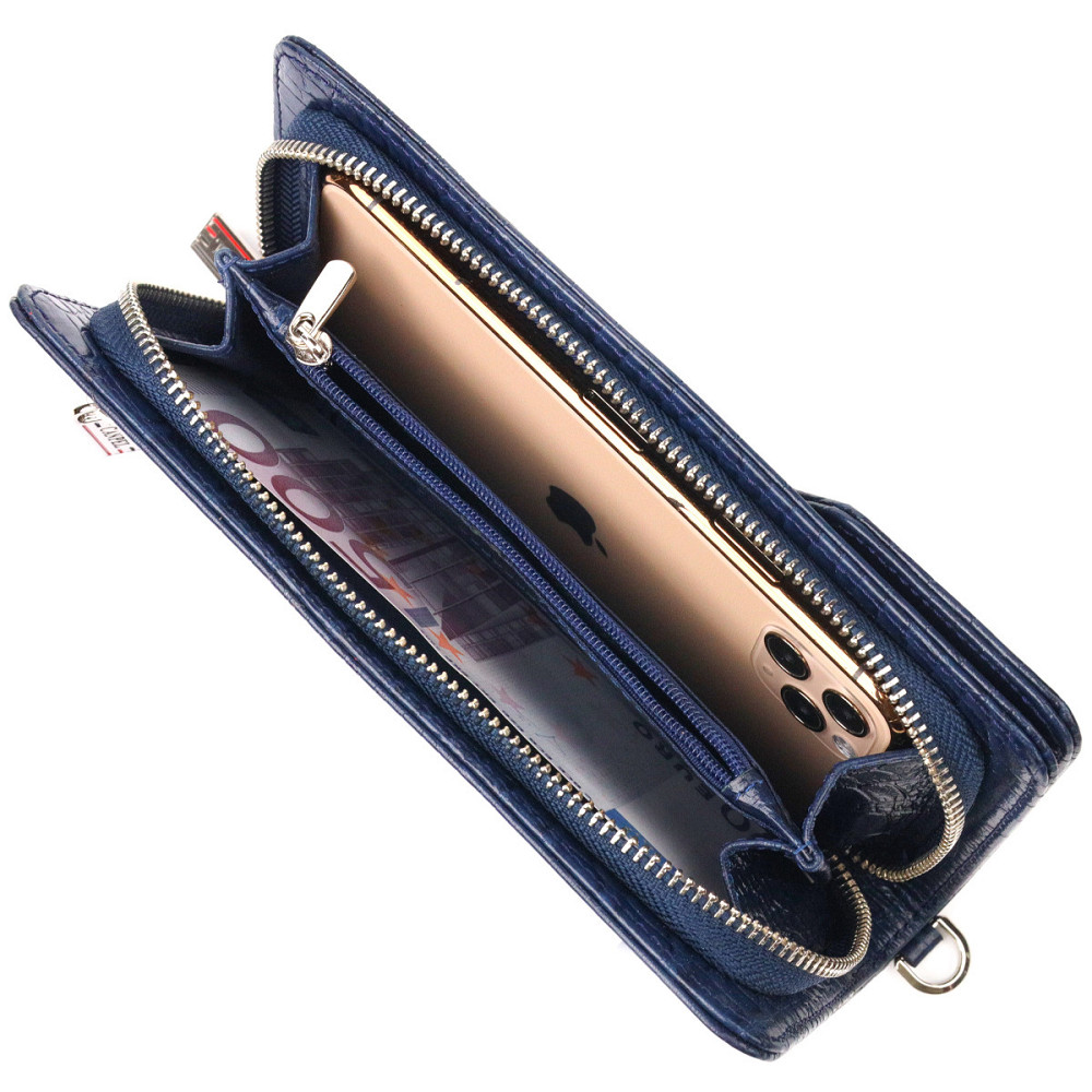 Интересное портмоне клатч из натуральной кожи с тиснением под крокодила CANPELLINI 21539 Синее Киев - изображение 7