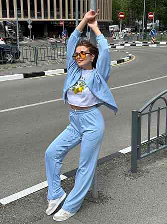 Женский костюм оверсайз с широкими брюками из двунитки Голубой 46/48 Харьков