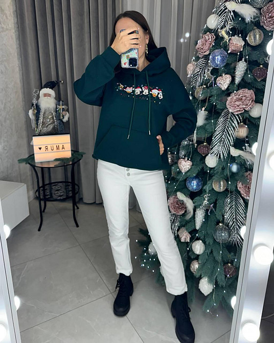 Женская теплая новогодняя худи оверсайз кроя трехнитка на флисе Изумрудный, 48/52 Одесса - изображение 5