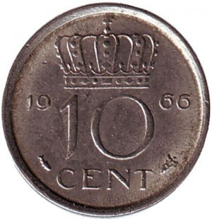 Монета 10 центів. 1966 рік, Нідерланди. Полтава - фото 1