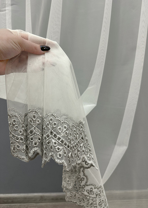 Тюль VR-Textil 1829т Грек-сетка с вышивкой и люрексом цвет Молочный с серым 280х270 см (40-176) Киев - изображение 5